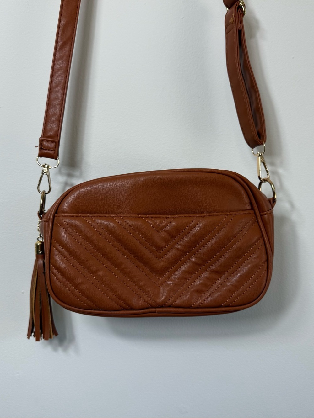 Brown Quilted Chevron Crossbody Bag Tassel Gold Hardware